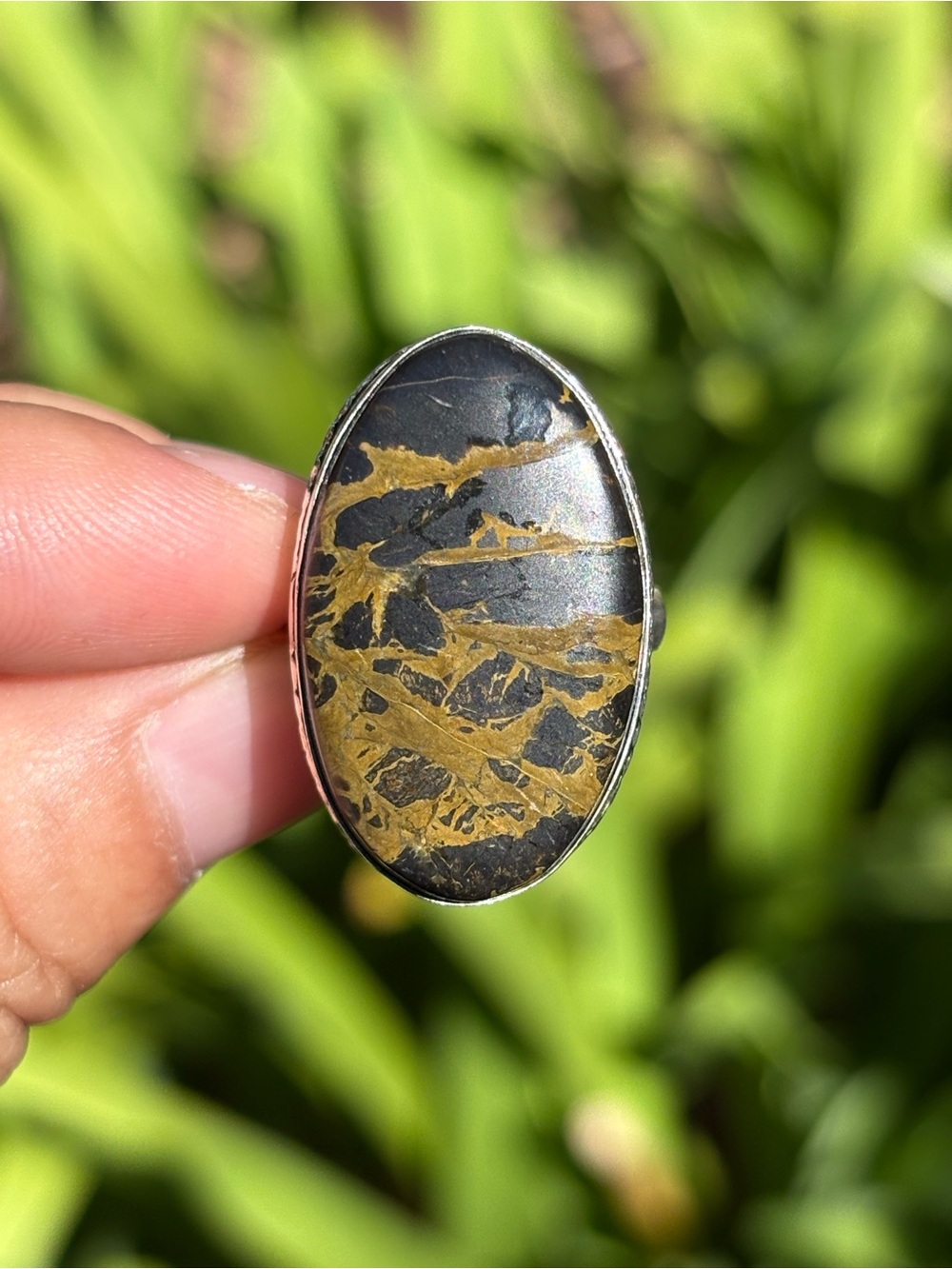 Oval Black & Gold Coconut Jasper Stone Ring
